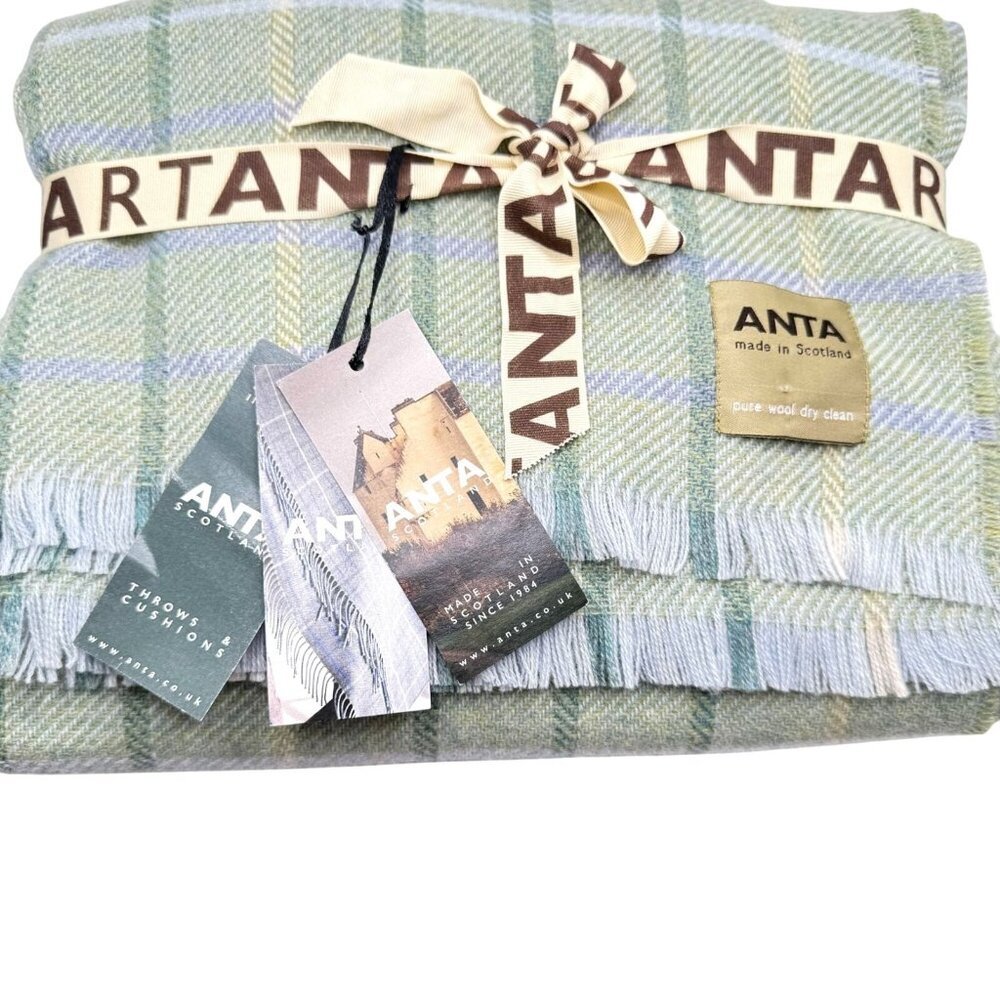 ANTA Plaid Throw Blanket 50"x60" 100% Merino Wool Blue Green Cream NWT